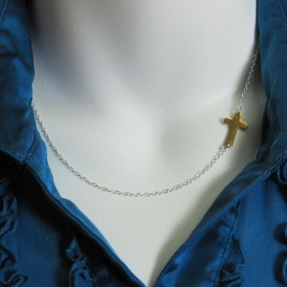 Wholesale Sideways Cross - Sterling Silver Necklace, Two Tone , Off Center