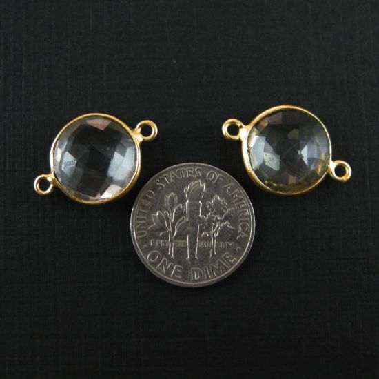 Wholesale Gold Over Sterling Silver Bezel Gemstone Link - Faceted Coin Shape - Crystal Quartz - April Birthstone