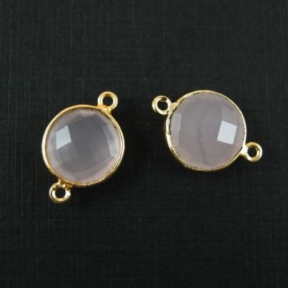 Wholesale Gold Over Sterling Silver Bezel Gemstone Link - Faceted Coin Shape - Pink Chalcedony