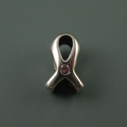 Wholesale European .925 Sterling Silver Ribbon Bead Charm with Pink CZ Stone