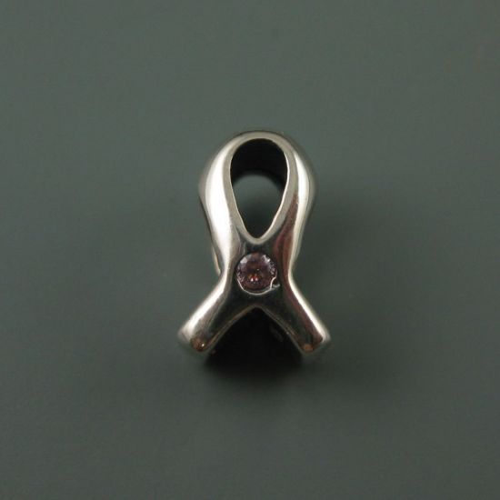 Wholesale European .925 Sterling Silver Ribbon Bead Charm with Pink CZ Stone