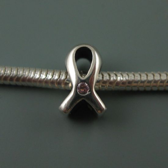 Wholesale European .925 Sterling Silver Ribbon Bead Charm with Pink CZ Stone