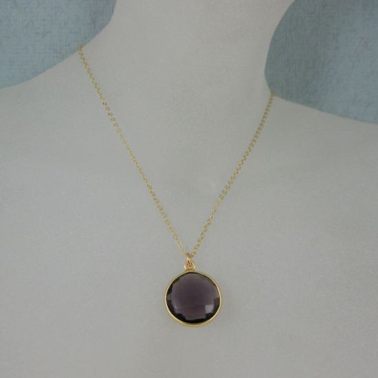 Wholesale Bezel Gemstone Round Pendant Necklace - Gold Plated Chain - Amethyst (16-24")