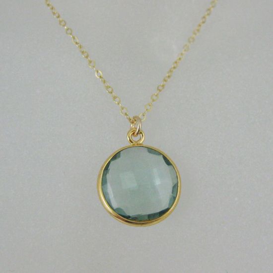 Wholesale Bezel Gemstone Round Pendant Necklace - Gold Plated Chain - Aqua Quartz (16-24")