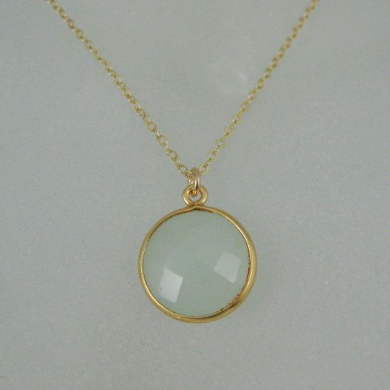 Wholesale Bezel Gemstone Round Pendant Necklace - Gold Plated Chain - Aqua Chalcedony (16-24")