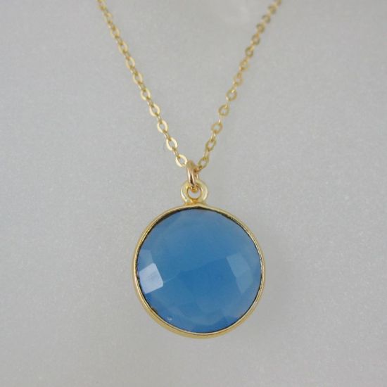 Wholesale Bezel Gemstone Round Pendant Necklace - Gold Plated Chain - Blue chalcedony (16-24")