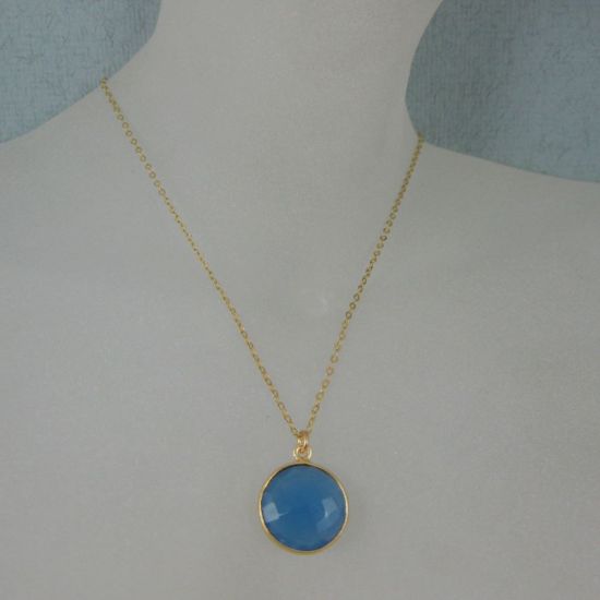 Wholesale Bezel Gemstone Round Pendant Necklace - Gold Plated Chain - Blue chalcedony (16-24")