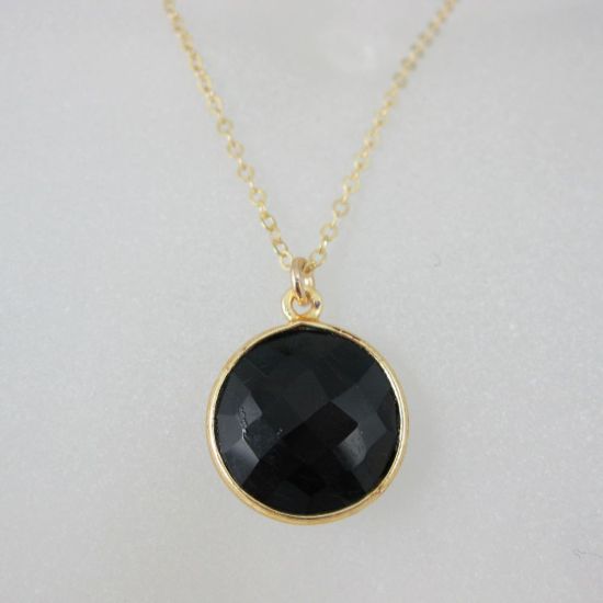 Wholesale Bezel Gemstone Round Pendant Necklace - Gold Plated Chain - Black Onyx (16-24")
