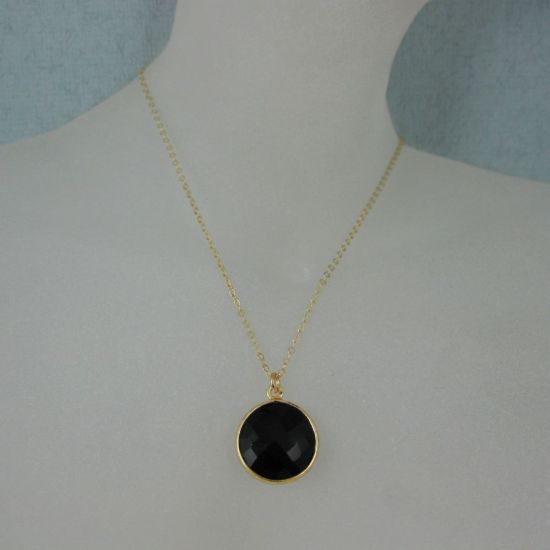 Wholesale Bezel Gemstone Round Pendant Necklace - Gold Plated Chain - Black Onyx (16-24")