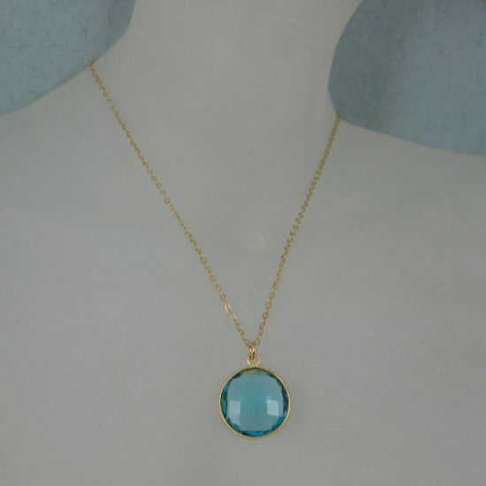 Wholesale Bezel Gemstone Round Pendant Necklace - Gold Plated Chain - Blue Quartz (16-24")