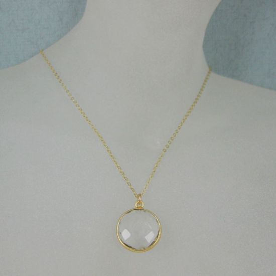 Wholesale Bezel Gemstone Round Pendant Necklace - Gold Plated Chain - Crystal Quartz (16-24")