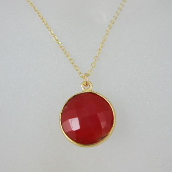 Wholesale Bezel Gemstone Round Pendant Necklace - Gold Plated Chain - Carnelian (16-24")