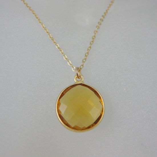 Wholesale Bezel Gemstone Round Pendant Necklace - Gold Plated Chain - Citrine Quartz (16-24")
