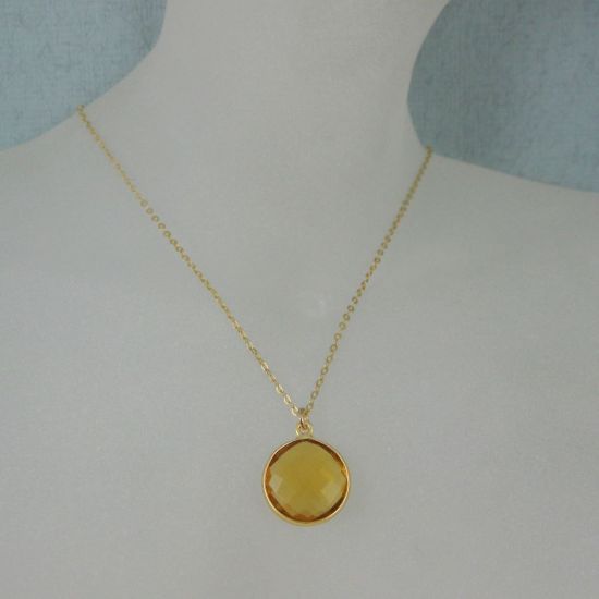 Wholesale Bezel Gemstone Round Pendant Necklace - Gold Plated Chain - Citrine Quartz (16-24")