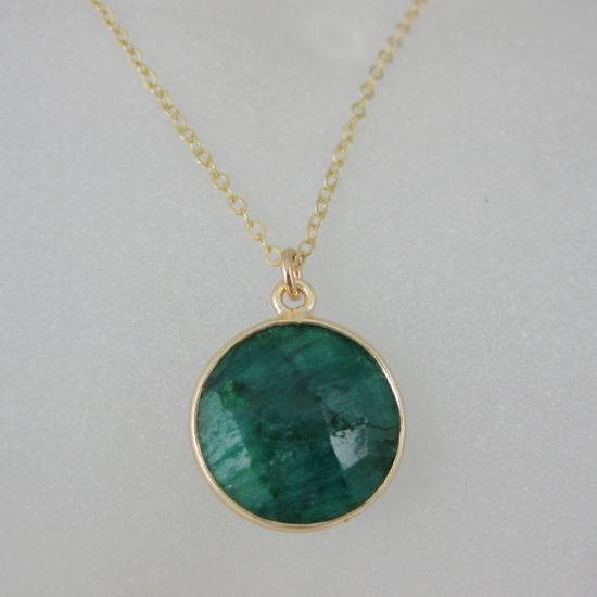 Wholesale Bezel Gemstone Round Pendant Necklace - Gold Plated Chain - Emerald Dyed (16-24")