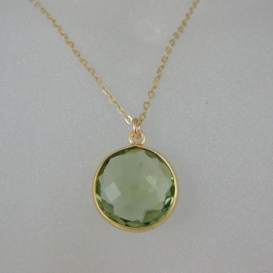 Wholesale Bezel Gemstone Round Pendant Necklace - Gold Plated Chain - Green Amethyst Quartz(16-24")