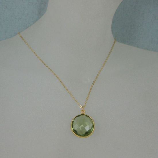 Wholesale Bezel Gemstone Round Pendant Necklace - Gold Plated Chain - Green Amethyst Quartz(16-24")