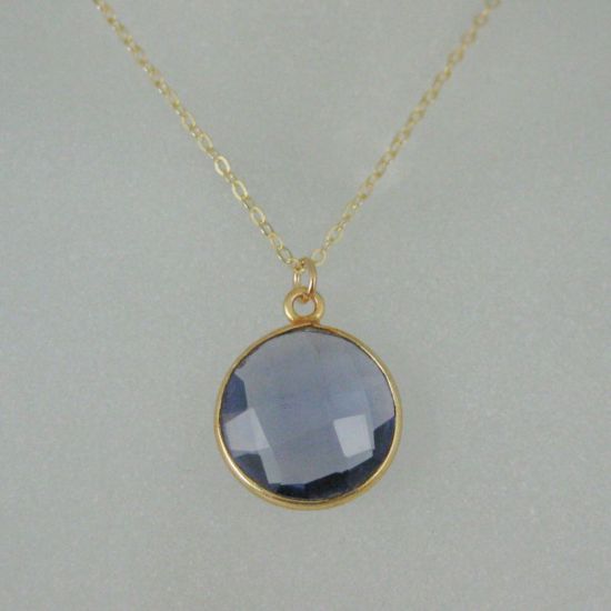 Wholesale Bezel Gemstone Round Pendant Necklace - Gold Plated Chain - Iolite Quartz (16-24")