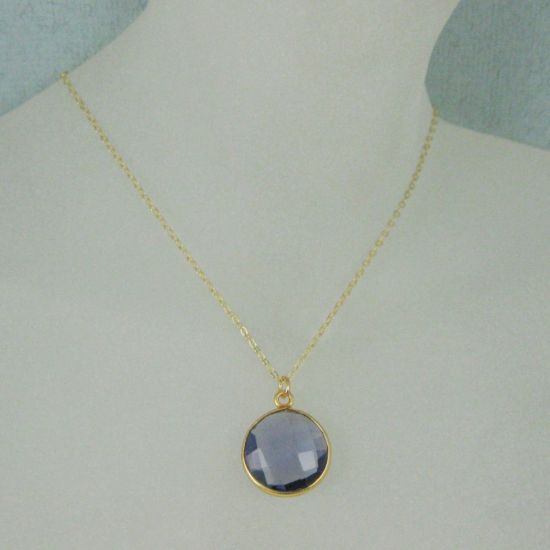 Wholesale Bezel Gemstone Round Pendant Necklace - Gold Plated Chain - Iolite Quartz (16-24")