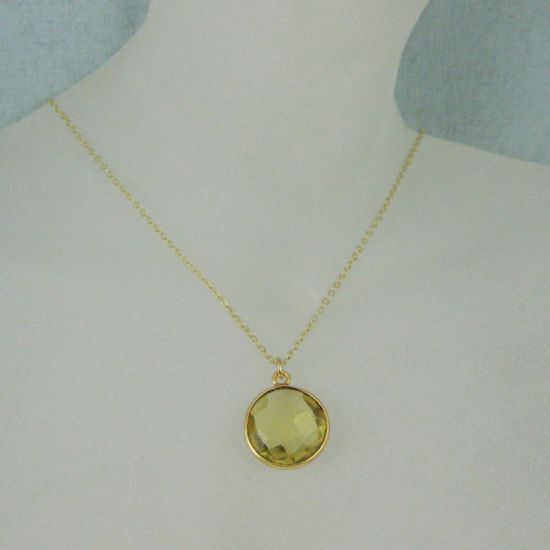 Wholesale Bezel Gemstone Round Pendant Necklace - Gold Plated Chain - Lemon Quartz (16-24")