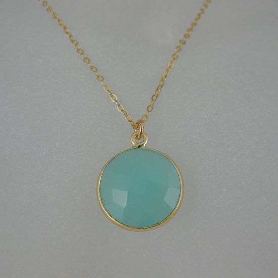 Wholesale Bezel Gemstone Round Pendant Necklace - Gold Plated Chain - Peru Chalcedony (16-24")