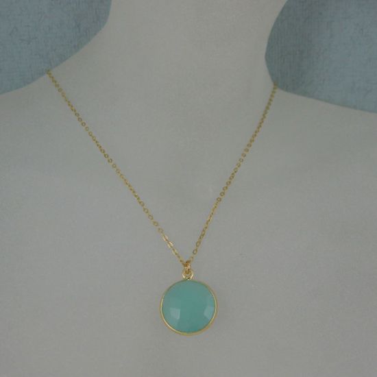 Wholesale Bezel Gemstone Round Pendant Necklace - Gold Plated Chain - Peru Chalcedony (16-24")