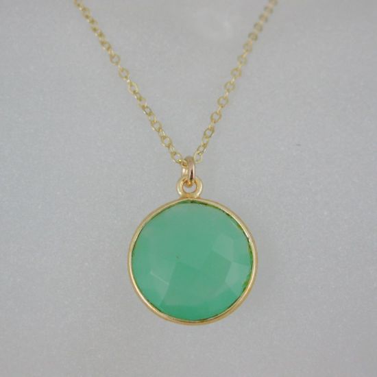 Wholesale Bezel Gemstone Round Pendant Necklace - Gold Plated Chain - Prenite Chalcedony (16-24")