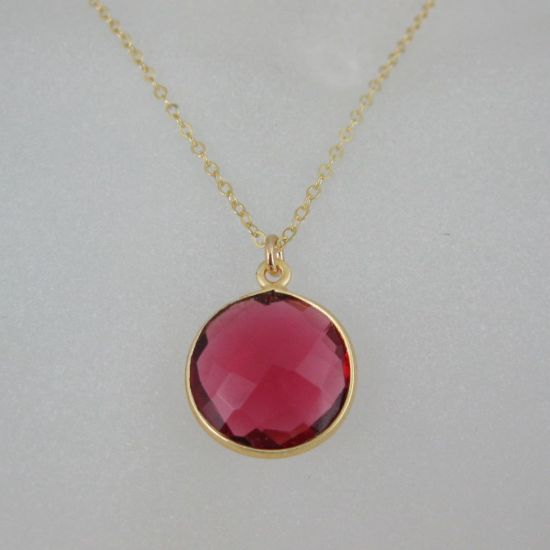 Wholesale Bezel Gemstone Round Pendant Necklace - Gold Plated Chain - Rubylite Quartz (16-24")