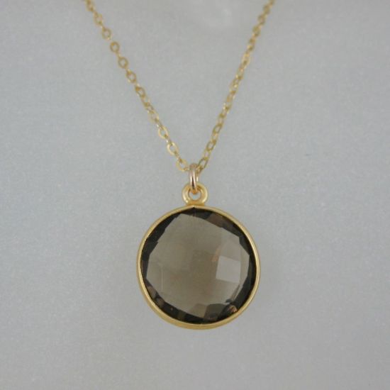 Wholesale Bezel Gemstone Round Pendant Necklace - Gold Plated Chain - Smoky Quartz (16-24")