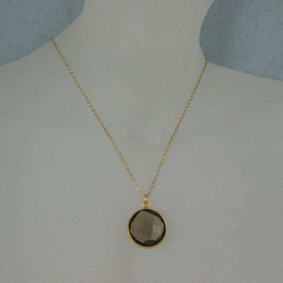 Wholesale Bezel Gemstone Round Pendant Necklace - Gold Plated Chain - Smoky Quartz (16-24")