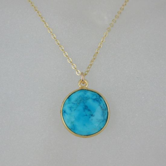 Wholesale Bezel Gemstone Round Pendant Necklace - Gold Plated Chain - Turquoise (16-24")