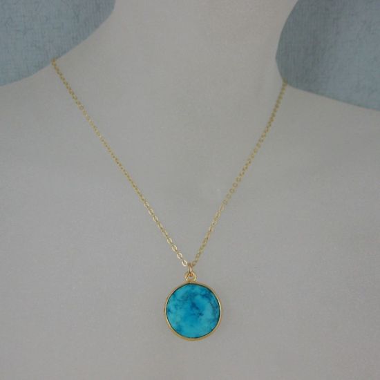 Wholesale Bezel Gemstone Round Pendant Necklace - Gold Plated Chain - Turquoise (16-24")