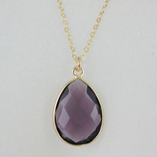 Wholesale Bezel Gemstone Tear Pendant Necklace - Gold Plated Chain - Amethyst (16 - 24 inch)