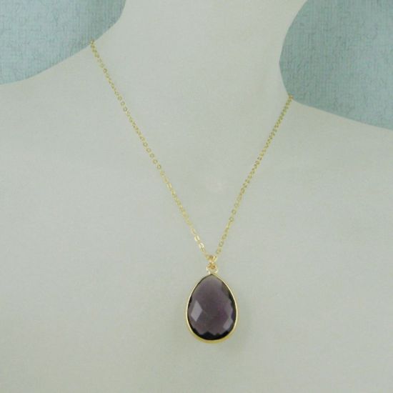 Wholesale Bezel Gemstone Tear Pendant Necklace - Gold Plated Chain - Amethyst (16 - 24 inch)