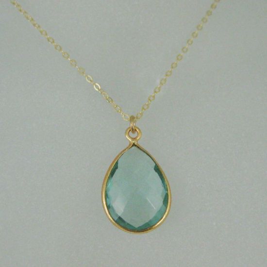 Wholesale Bezel Gemstone Tear Pendant Necklace - Gold Plated Chain - Aqua Quartz (16 - 24 inch)