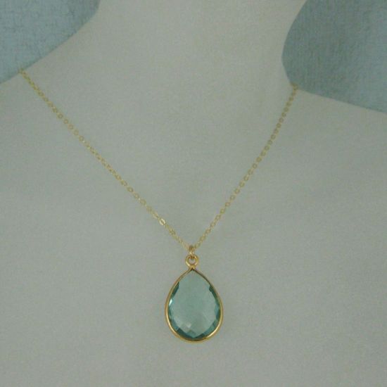 Wholesale Bezel Gemstone Tear Pendant Necklace - Gold Plated Chain - Aqua Quartz (16 - 24 inch)