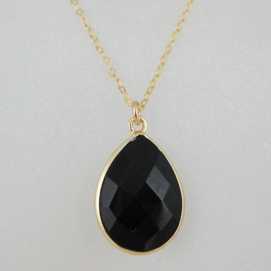 Wholesale Bezel Gemstone Tear Pendant Necklace - Gold Plated Chain - Black Onyx (16 - 24 inch)