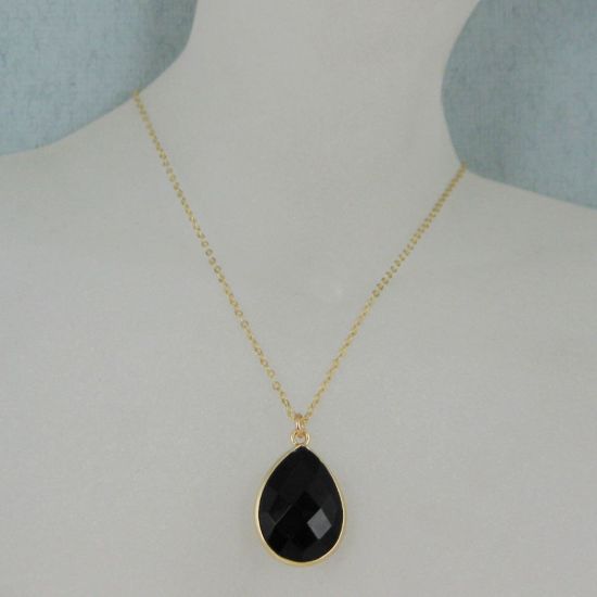 Wholesale Bezel Gemstone Tear Pendant Necklace - Gold Plated Chain - Black Onyx (16 - 24 inch)