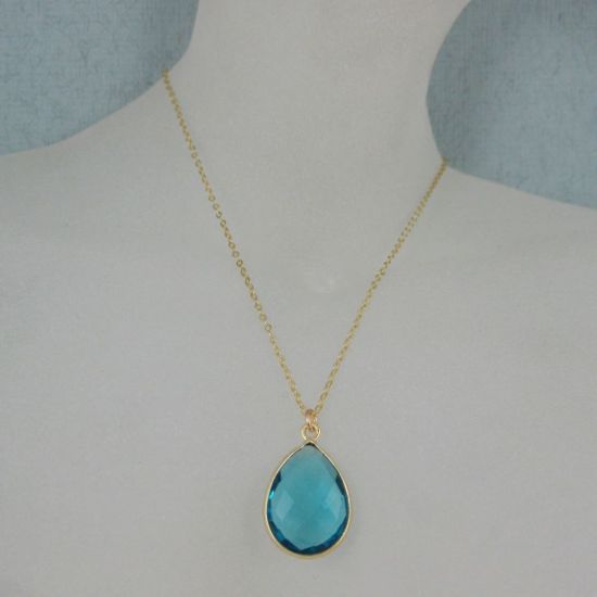 Wholesale Bezel Gemstone Tear Pendant Necklace - Gold Plated Chain - Blue Quartz (16 - 24 inch)