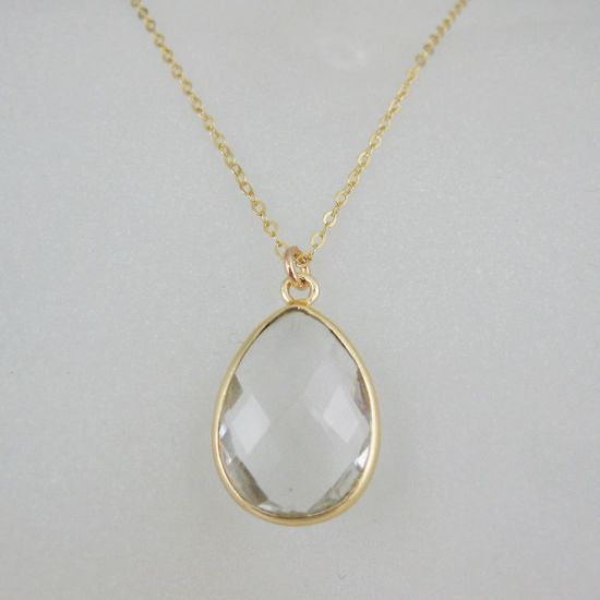 Wholesale Bezel Gemstone Tear Pendant Necklace - Gold Plated Chain - Crystal Quartz (16 - 24 inch)