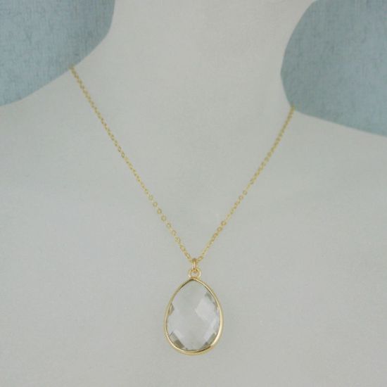Wholesale Bezel Gemstone Tear Pendant Necklace - Gold Plated Chain - Crystal Quartz (16 - 24 inch)