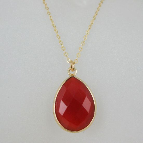 Wholesale Bezel Gemstone Tear Pendant Necklace - Gold Plated Chain - Carnelian (16 - 24 inch)