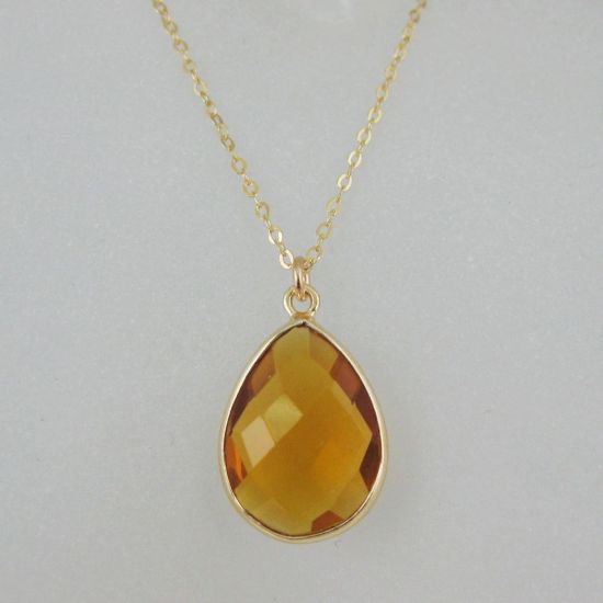 Wholesale Bezel Gemstone Tear Pendant Necklace - Gold Plated Chain - Citrine Quartz (16 - 24 inch)