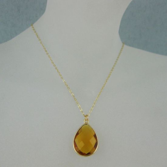 Wholesale Bezel Gemstone Tear Pendant Necklace - Gold Plated Chain - Citrine Quartz (16 - 24 inch)