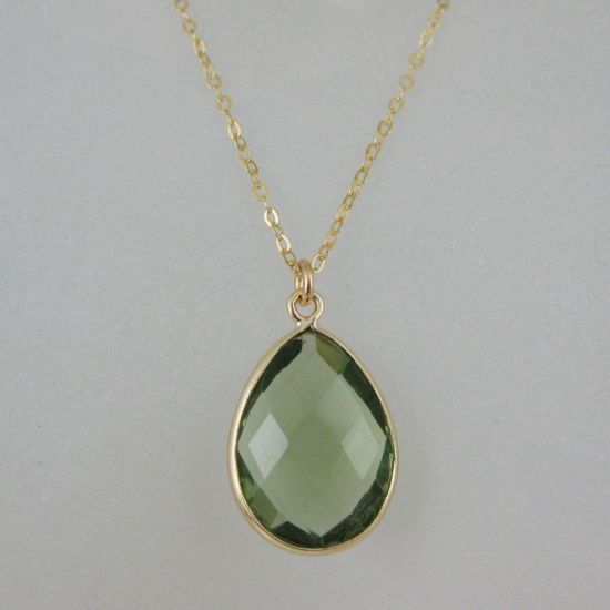 Wholesale Bezel Gemstone Tear Pendant Necklace - Gold Plated Chain - Green Amethyst Quartz (16 - 24 inch)