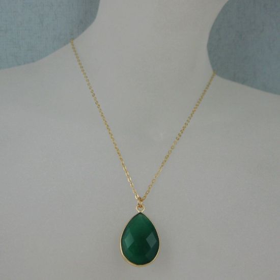 Wholesale Bezel Gemstone Tear Pendant Necklace - Gold Plated Chain - Green Onyx (16 - 24 inch)