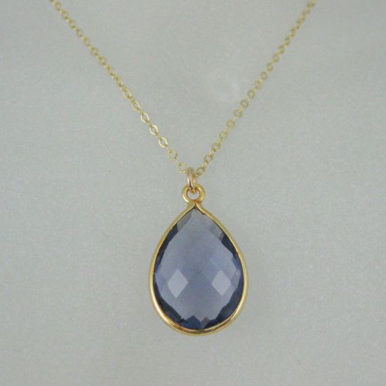 Wholesale Bezel Gemstone Tear Pendant Necklace - Gold Plated Chain - Iolite Quartz (16 - 24 inch)