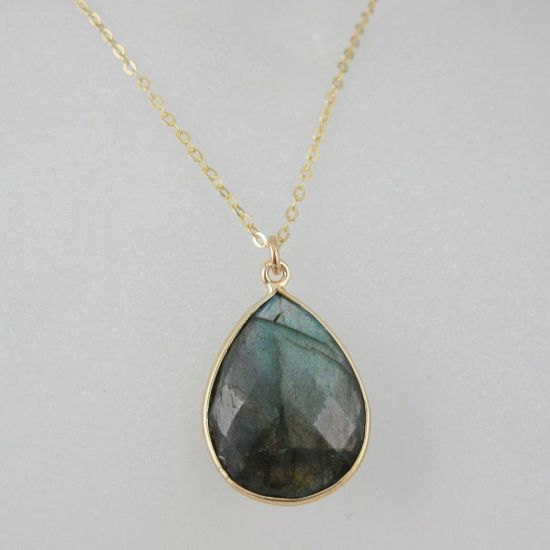 Wholesale Bezel Gemstone Tear Pendant Necklace - Gold Plated Chain -Labradorite (16 - 24 inch)