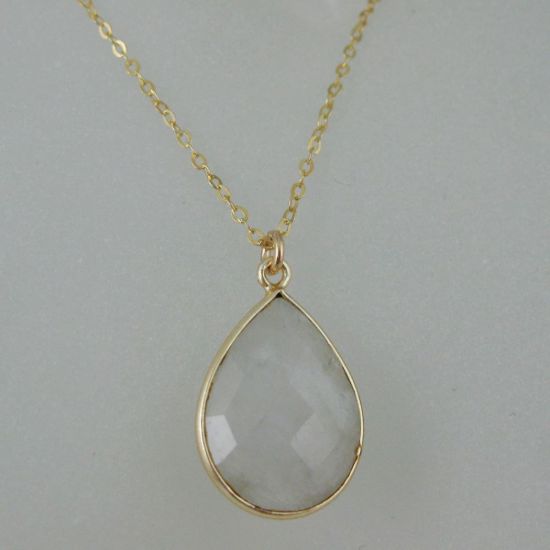 Wholesale Bezel Gemstone Tear Pendant Necklace - Gold Plated Chain - Moonstone (16 - 24 inch)