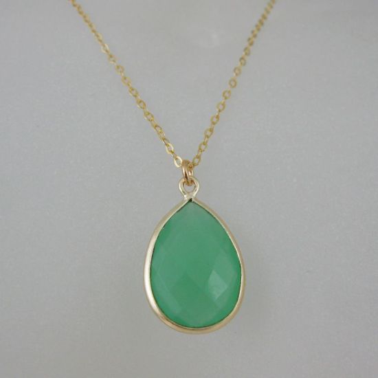 Wholesale Bezel Gemstone Tear Pendant Necklace - Gold Plated Chain - Prenite Chalcedony (16 - 24 inch)